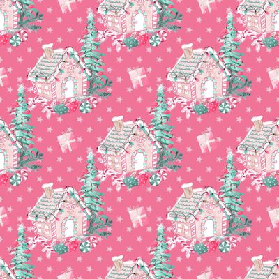 Beautiful Candy Cane House Gift Wrap Dark Pink Pink Thick Christmas Wrapping Paper Turquoise Holiday Decoration (12 foot x 30 inch roll)