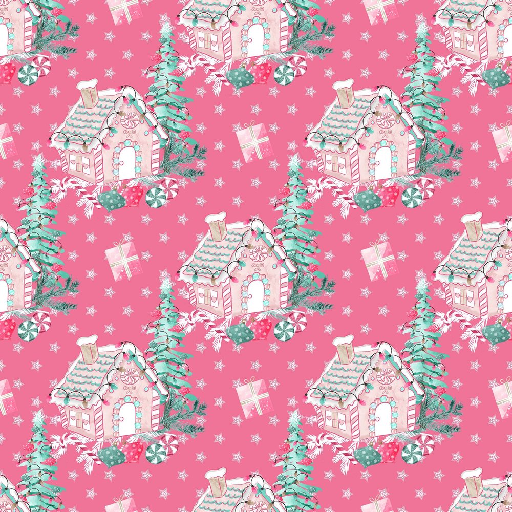 Beautiful Candy Cane House Gift Wrap Dark Pink Pink Thick Christmas Wrapping Paper Turquoise Holiday Decoration (12 foot x 30 inch roll)