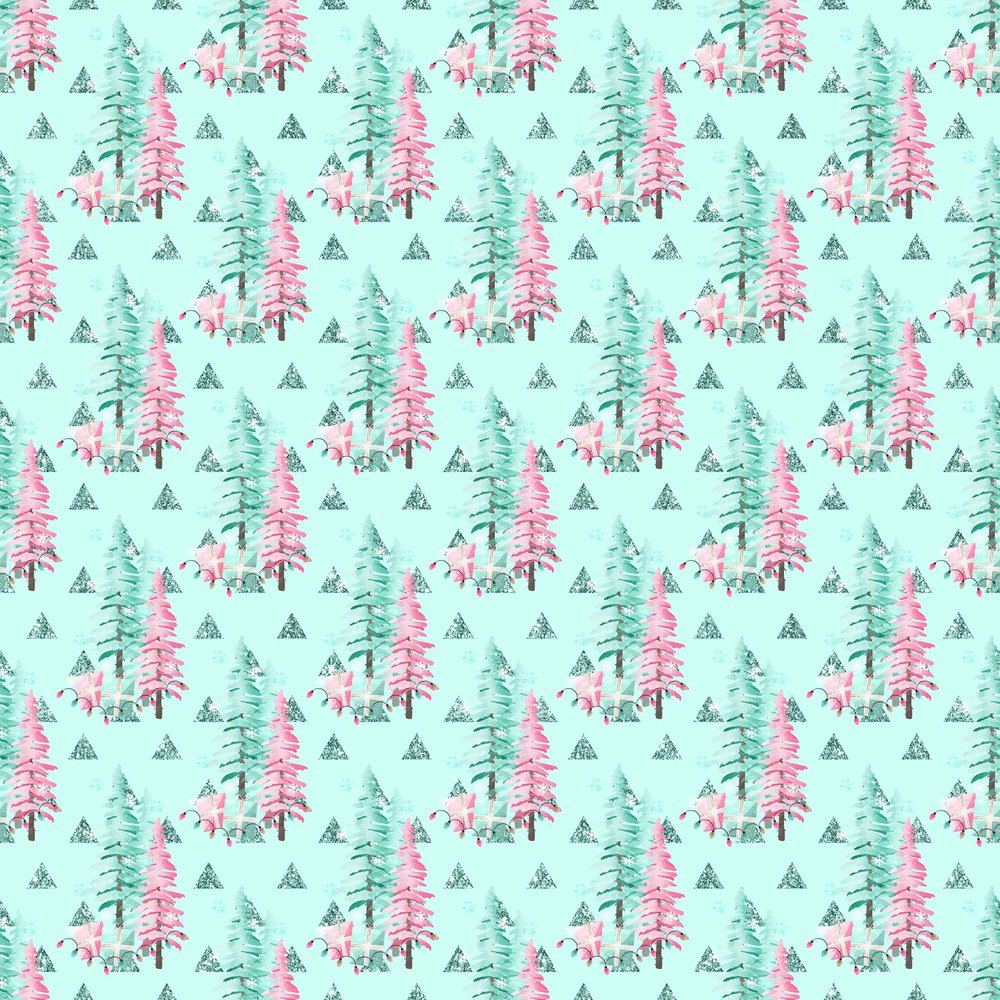 Beautiful Pine Tree Teal Pink Gift Wrap Thick Christmas Wrapping Paper Turquoise Holiday Decoration (One 20 inch x 30 inch sheet)