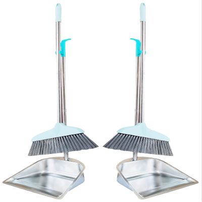 2-Pack Dustpan and Broom Set - 33.5" Long Handle Dust Pan Indoor Outdoor Stainless Steel Dust Pans, Household Heavy Duty Standing Dustpans and Brooms for Home Room Lobby Office