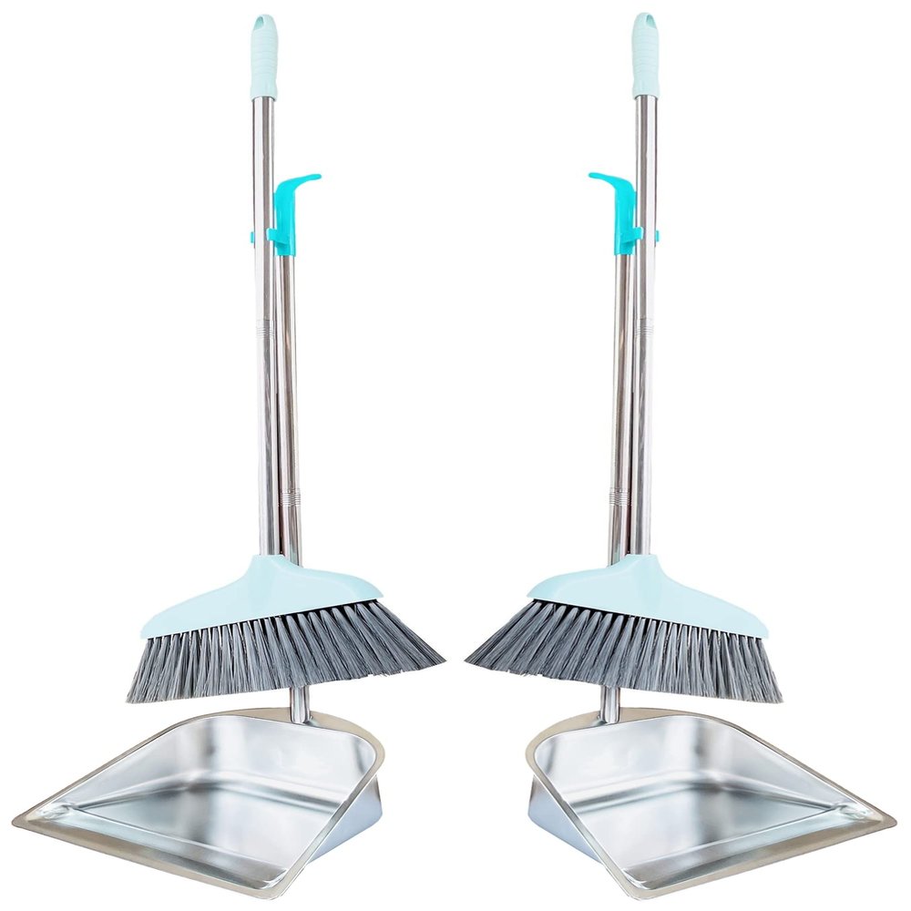 2-Pack Dustpan and Broom Set - 33.5" Long Handle Dust Pan Indoor Outdoor Stainless Steel Dust Pans, Household Heavy Duty Standing Dustpans and Brooms for Home Room Lobby Office