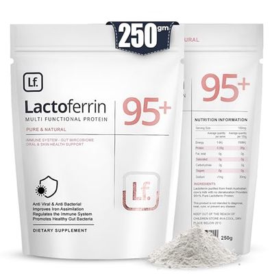 Lactoferrin Powder 100g 95%+ Pure Bovine from Grass-Fed Australian Cows Helps in Immune & Gut Support, Iron Absorption, Skin & Bone Health, Neutral Taste (Recommended 250mg Per Serving) (50, Grams)