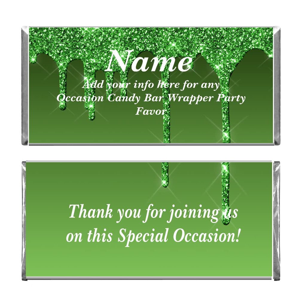 Personalized Custom Green Glitter Design Anniversary, Quinceanera, Birthday, Any Occasion Chocolate Candy Bar Wrappers & Foils (Candy not included) (24)
