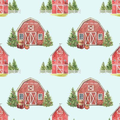 Beautiful Watercolor Barn Christmas Wrapping Paper Farmhouse Gift Wrap (12 foot x 30 inch roll)