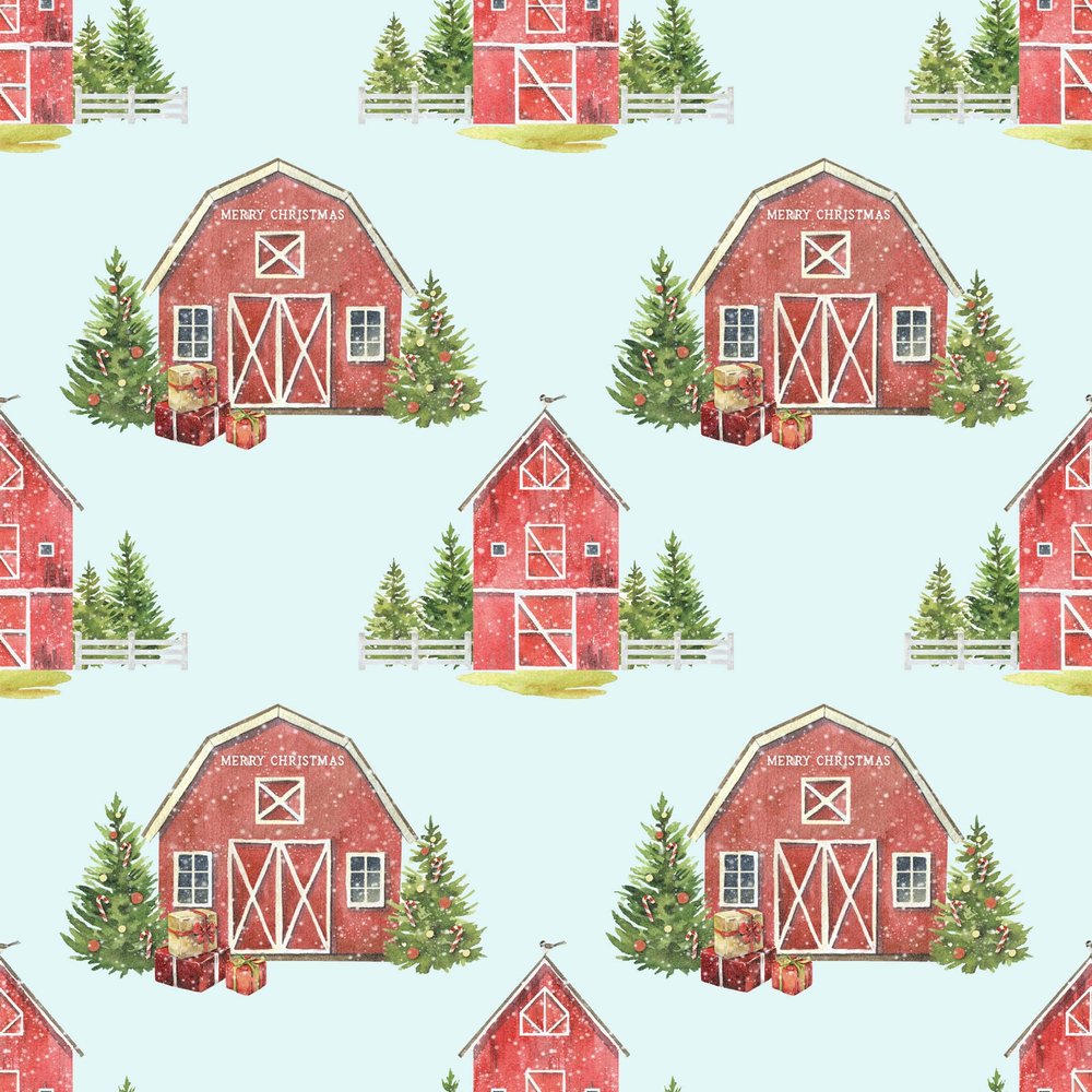 Beautiful Watercolor Barn Christmas Wrapping Paper Farmhouse Gift Wrap (12 foot x 30 inch roll)