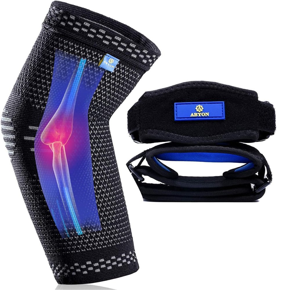 ABYON Professional tennis elbow brace for women (2 Pack) + Elbow Compression Sleeve (1 Pack),Elbow Brace with Compression for Tendonitis, Elbow Support for Reduce Pain (Black, XLarge)