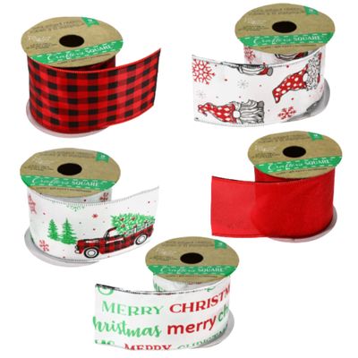 KRE Christmas Wire-Edge Ribbon with Bonus Jankom, 9ft Long Making DIY Decoration Arts Material Supplies for Christmas Tree Decorating, Ribbon Gift Wrapping, Tree Garland, Topper Bow, Pack of 5