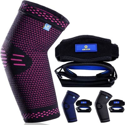 ABYON Elbow Brace, Elbow Compression Sleeve (1 Piece) + Tennis Elbow Support Straps (2 Pieces) for Men and Women Tennis Elbow, Golfers Elbow, Arthritis, Tendonitis, Elbow Pain Relief (Pink, M)