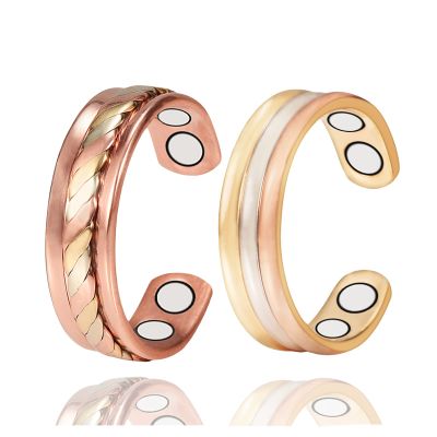 EnerMagiX Copper Rings for Women, 2PCS Adjustable Tricolor Gold Braid Magnetic Set Ring, 99.9% Solid Copper Jewelry2PCS