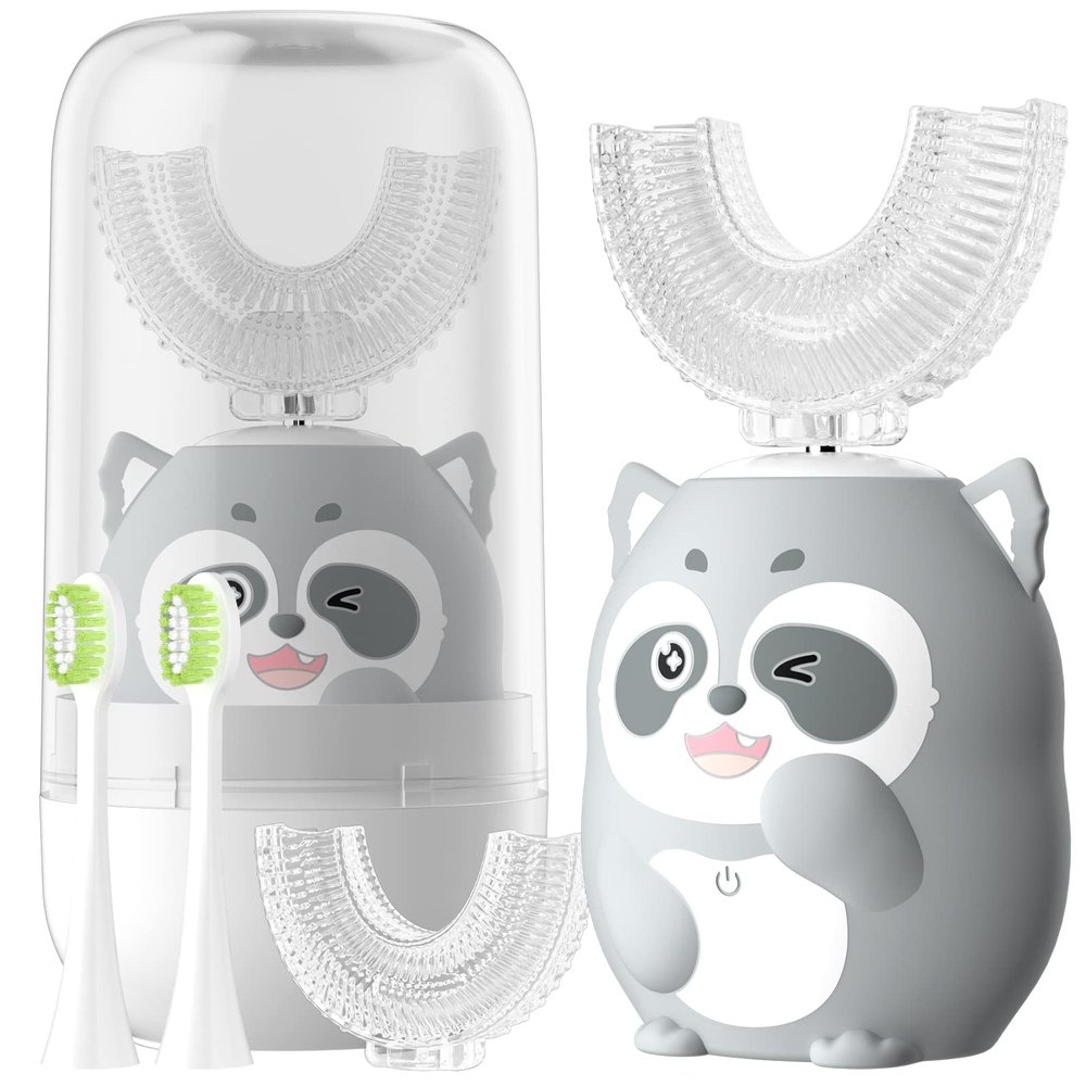 ELOTAME Kids Electric U Shaped Toothbrush Children Cartoon Sonic Automatic Toothbrush with 4 Brush Heads Full Mouth 6 Cleaning Modes - (Age 2-7, Gray)
