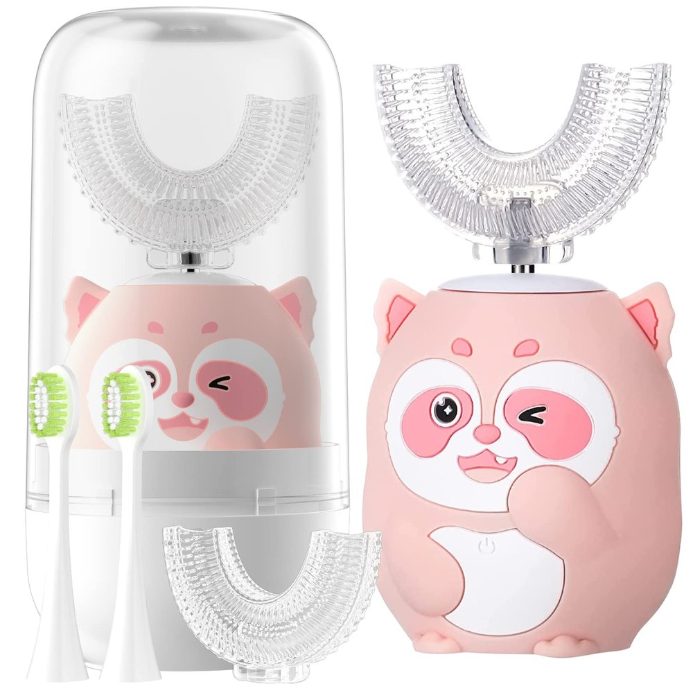 ELOTAME Kids Electric U Shaped Toothbrush Children Cartoon Sonic Automatic Toothbrush with 4 Brush Heads Full Mouth 6 Cleaning Modes - (Age 8-15, Pink)