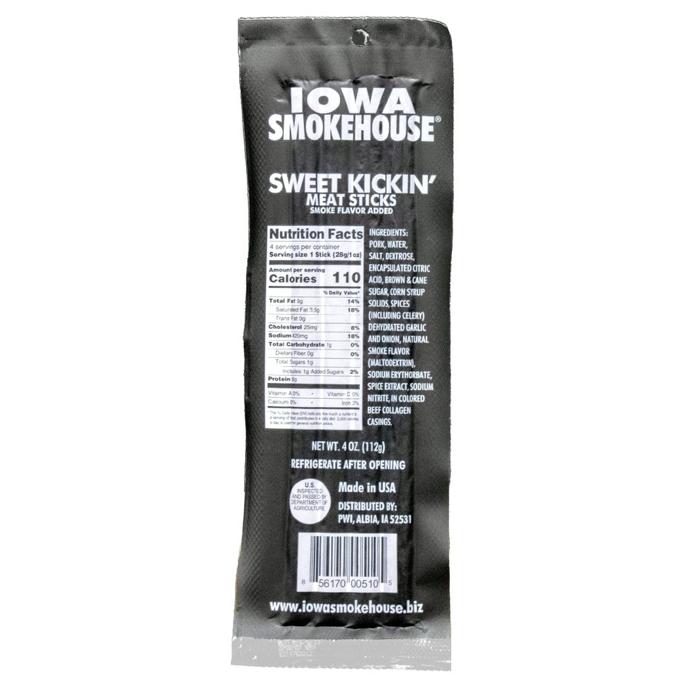 IOWA SMOKEHOUSE Meat Sticks, Sweet Kickin' - Delicious Meat Snack - 4 Vacuum Sealed & Ready to Eat Sticks - 6g of Protein, Made with USA Pork - 4 Oz (4 per pack)