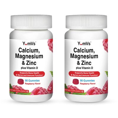 Yum-V Calcium, Magnesium, Zinc and Vitamin D Gummies (90 Count) - Calcium Gummies with Vitamin D3 + Zinc & Magnesium Supplements - Delicious Bone Health Gummy Supplement for Men, Women & Kids