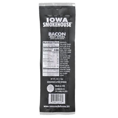 IOWA SMOKEHOUSE Meat Sticks, Bacon - Delicious Meat Snack - 4 Vacuum Sealed & Ready to Eat Sticks - 7g of Protein, Made with USA Pork - 4 Oz (4 per pack)