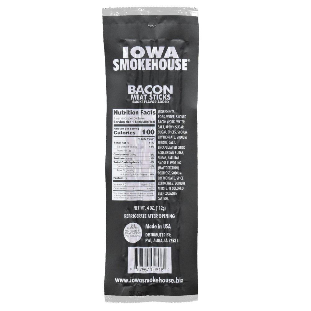 IOWA SMOKEHOUSE Meat Sticks, Bacon - Delicious Meat Snack - 4 Vacuum Sealed & Ready to Eat Sticks - 7g of Protein, Made with USA Pork - 4 Oz (4 per pack)