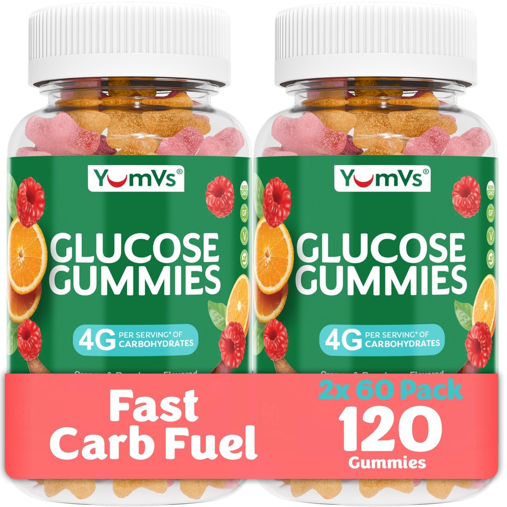 YUM-V'S Glucose Gummies Fast Acting Glucose Chewable Gummies Great Tasting Gluten Free, Vegan, Non-GMO Orange & Berry Natural Flavor 60 Chewable Gummy for Adults & Kids (Pack of 2)