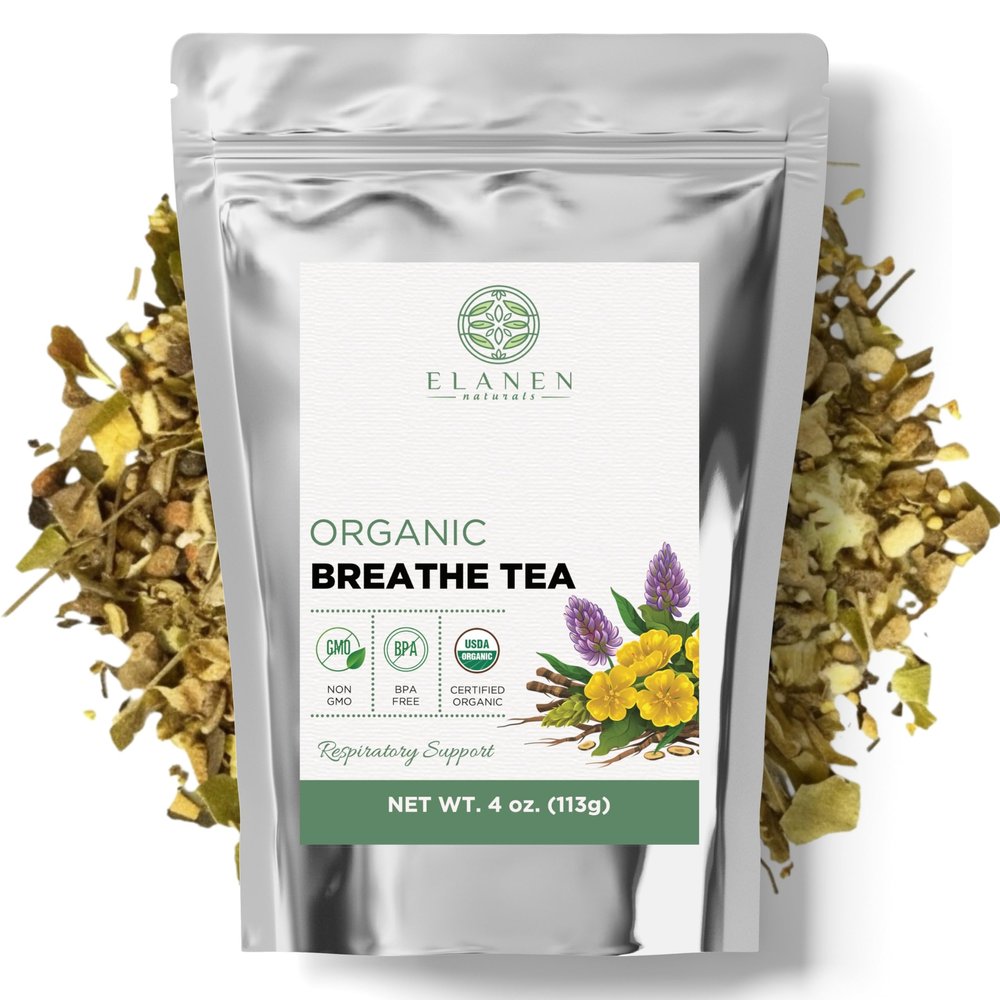 Elanen Naturals Organic Breathe Tea 4 oz. (113g), USDA Certified Organic Lung Tea for Bronchial Wellness and Smokers, Respiratory Blend, Gordo Lobo Herbs Loose Leaf, Mullein Detox Lungs, Cut & Sifted