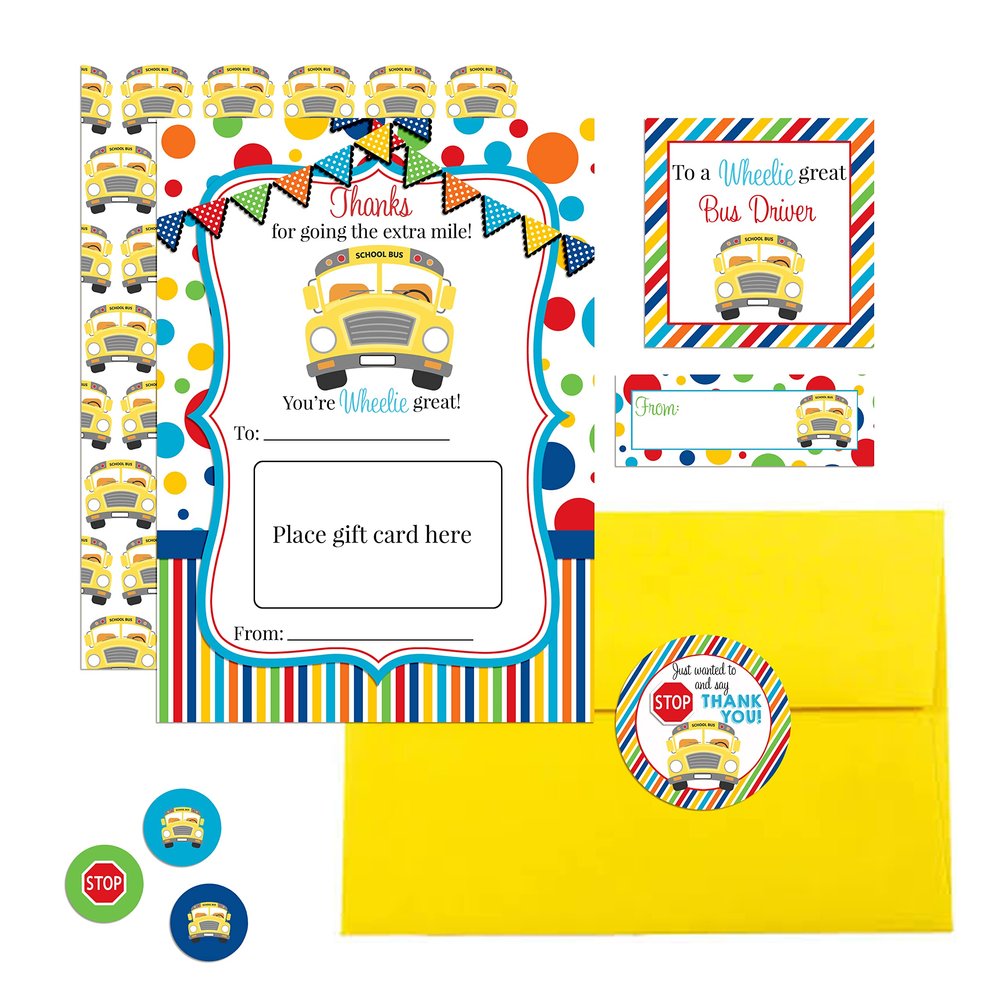 Amanda Creation Go The Extra Mile Transportation Themed School Bus Driver Appreciation Gift Card Holder Kit, 4-5x7 Gift Card Holder Sets With Envelopes & Coordinating Stickers