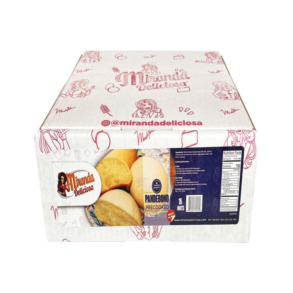 Miranda Deliciosa Traditional Colombian cheese bread Pandebono, made with cheese and two kinds of flour; tapioca flour (cassava or yuca starch) and cornmeal. 1 Box, 15 Units