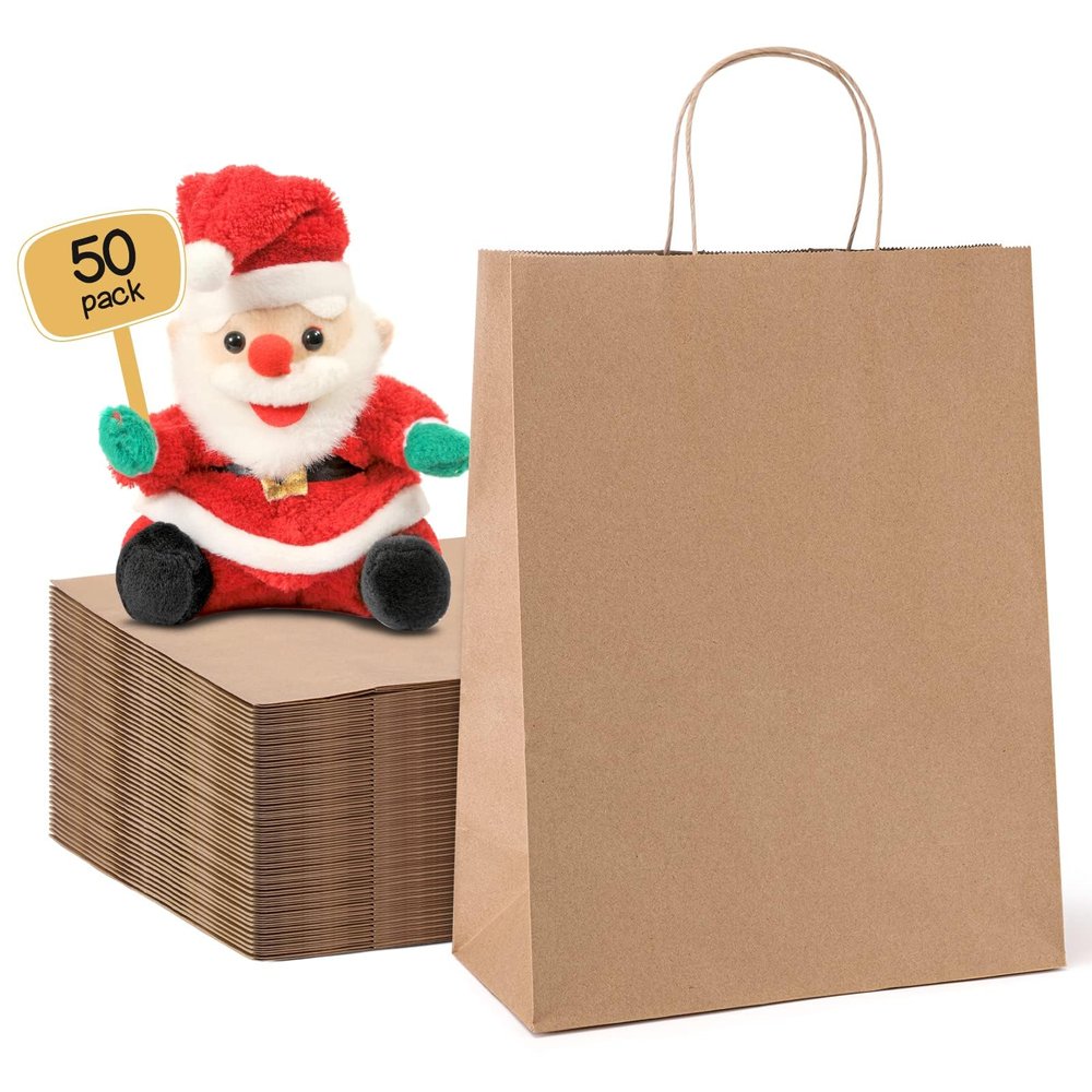 METRONIC Brown Paper Bags 10x5x13 50Pcs,Kraft Gift Bags Medium Size with Handles, Craft Paper Wrap Bag Bulk for Shopping Birthday Party Favors Grocery Retail Goody Business