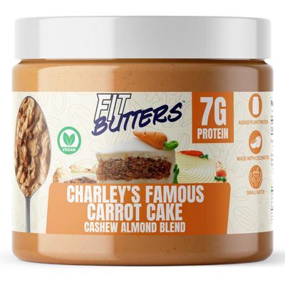 Fit Butters Charley's Famous Carrot Cake Cashew Almond Butter (Vegan) Spread - Added Protein and Coconut Oil, Low Carb, Low Sugar, Gluten Free, Complete Protein Dessert Flavored Nut Butter