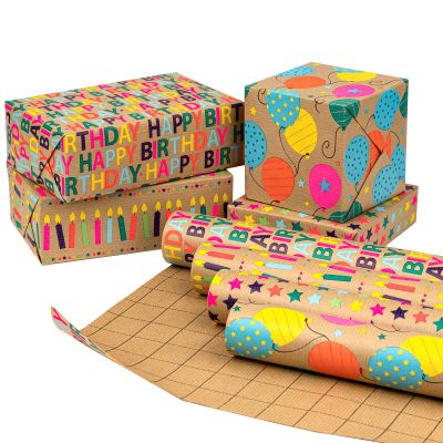 RUSPEPA Kraft Birthday Wrapping Paper Rolls - Mini Roll - 17 inches x 10 feet per Roll, Total of 4 Rolls, Colorful Birthday