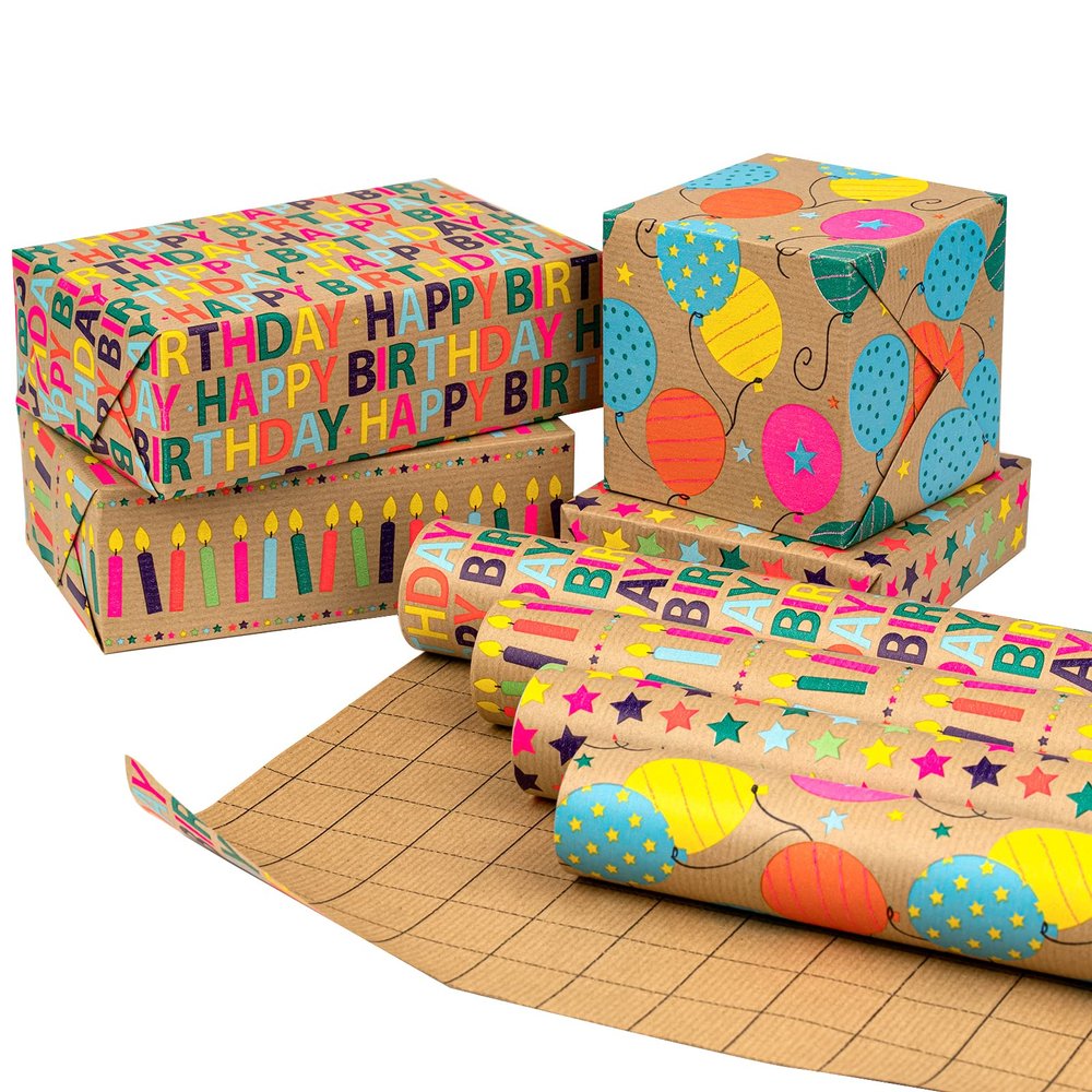 RUSPEPA Kraft Birthday Wrapping Paper Rolls - Mini Roll - 17 inches x 10 feet per Roll, Total of 4 Rolls, Colorful Birthday
