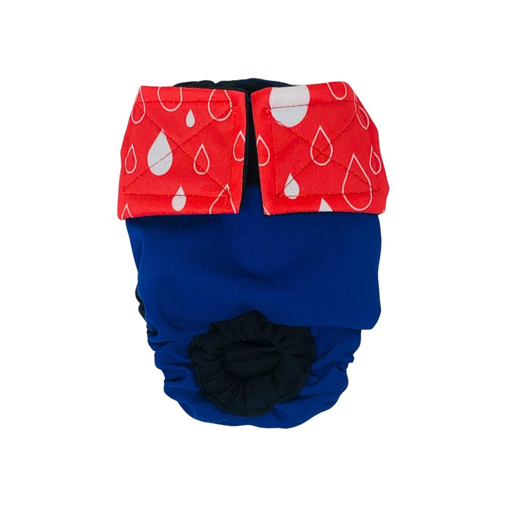 Barkertime Red Water Drops on Blue Premium Waterproof Cat Diaper, S, with Tail Hole - Made in USA