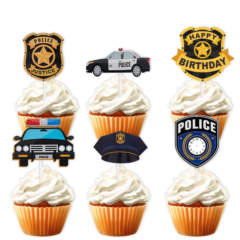 18pcs Dessert Cupcake Topper Policeman Police Officer Theme Decorations Boys Girls Happy Birthday Decor Supplies