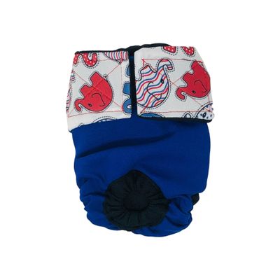 Barkertime Happy Elephants on Blue Premium Waterproof Cat Diaper, M, with Tail Hole - Made in USA