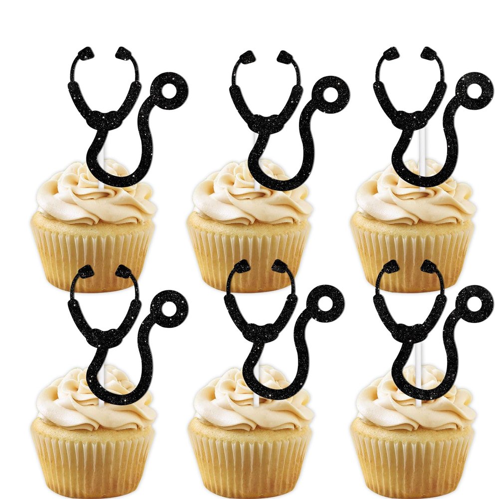 18pcs Black Glitter Doctor's Stethoscope Dessert Cupcake Medical College Graduate Theme Decorations Boy Girl Happy Birthday Party Decor Supplies