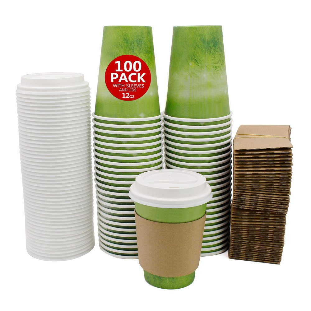 Yes!Fresh Disposable Hot Paper Cup,To Go Hot Cups for Coffee, Hot Liquid, Chocolate, Juice,Suitable for Party, Picnic, Travel, and Events (12 oz, 100 Count,Green)