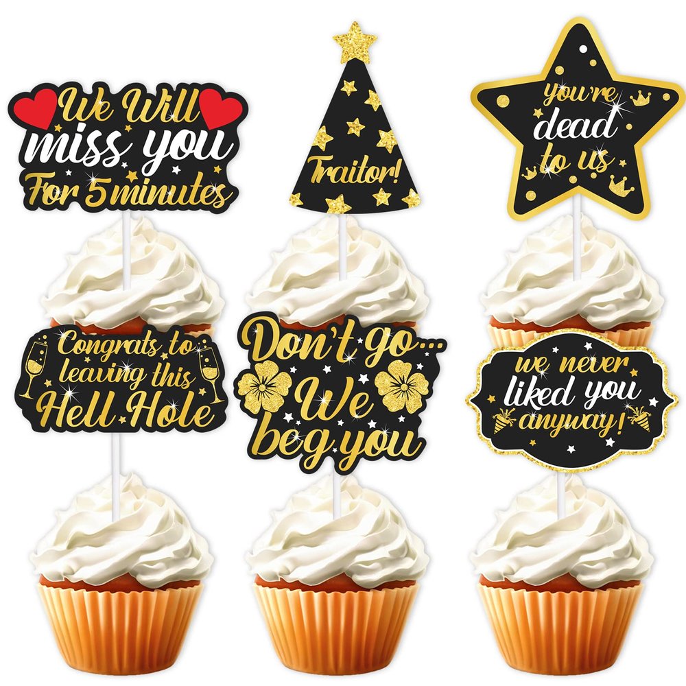 18pcs Gold Glitter Dessert Cupcake Topper We Will Miss You Dont Go We Beg You Theme Decor Supplies Men Woman Coworker Funny Retirement Going Away Party Supplies