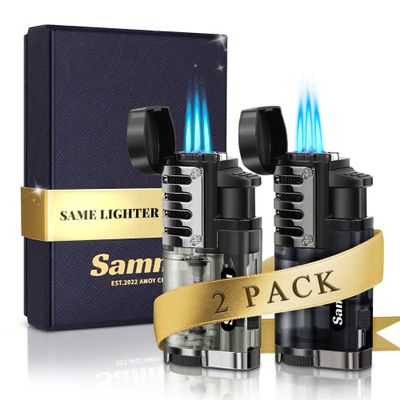 SAMNIU Pack of 2 Torch Lighter, Triple Jet Flames, Visible Gas Tank, Windproof Butane Refill Pocket Lighters for Candle, Mens Gift (Gas not Included)