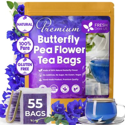 FreshDrinkUS, Premium 55 Tea Bags Blue Butterfly Pea Flowers, 100% Natural and Pure from Butterfly Pea Flowers, Made With Natural Material Tea Bag, No Sugar, No Caffeine, No Gluten, Vegan