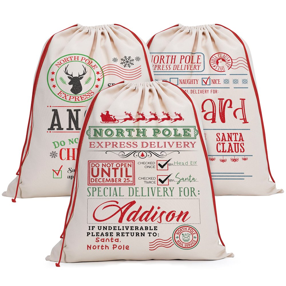 Set of 4 Custom Drawstring Christmas Sack, Personalized Canvas Santa Sack w/ Name - 6 Designs, 27" x 20" - Christmas Bag for Holiday Presents, Santa Canvas Stocking Bags for Kids, Family