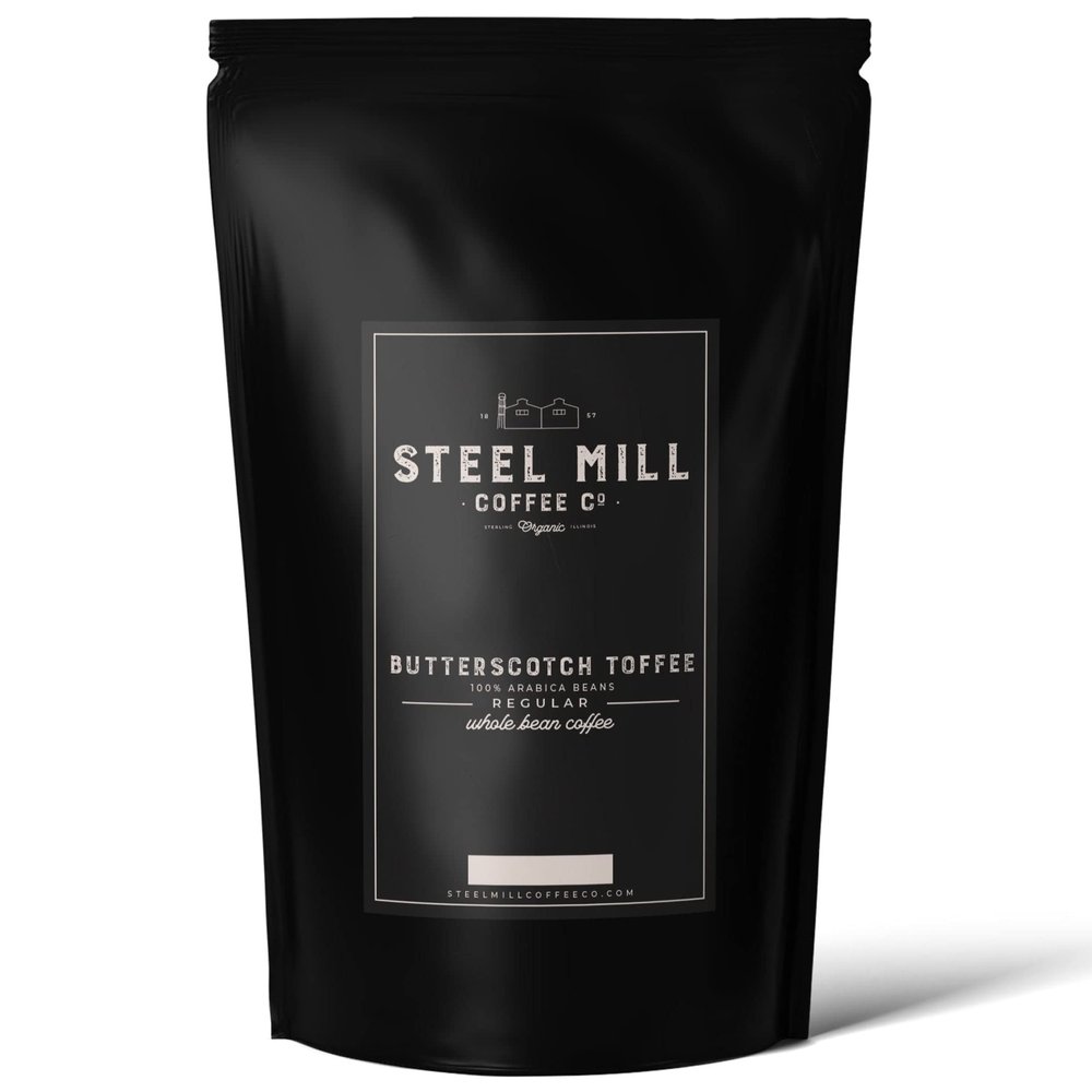 Steel Mill Coffee Co. Butterscotch Toffee Flavored Coffee  Ground  Medium Roast  100% Arabica Beans  Vegan, Gluten-Free, Sugar-Free  12 oz Bag