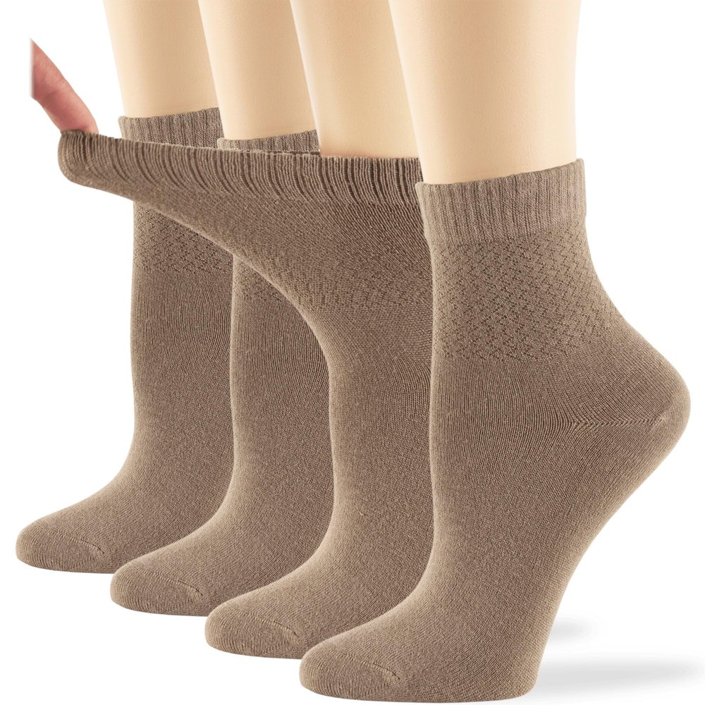 7BIGSTARS KINGDOM Women's Viscose from Bamboo Diabetic Quarter Socks, Non-Binding Loose Fit - 4 Pack Medium - Solid Casual Breathable - Sock Size 9-11 Shoe Size 5-9 M Beige