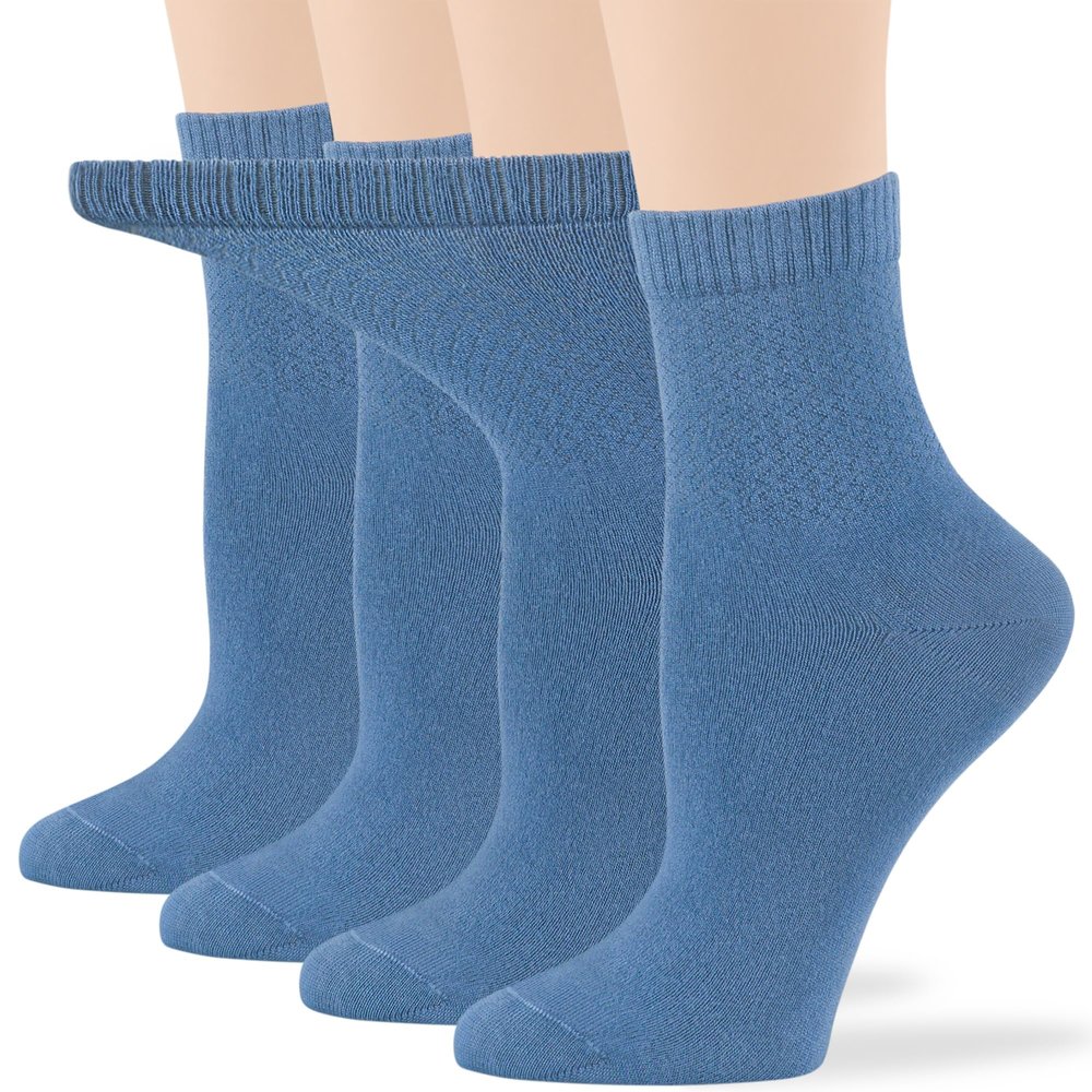 7BIGSTARS KINGDOM Women's Viscose From Bamboo Diabetic Quarter Socks, Non-Binding Loose Fit - 4 Pack Medium - Solid Extra Wide Seamless - Sock Size 9-11 Shoe Size 5-9 M Denim Blue