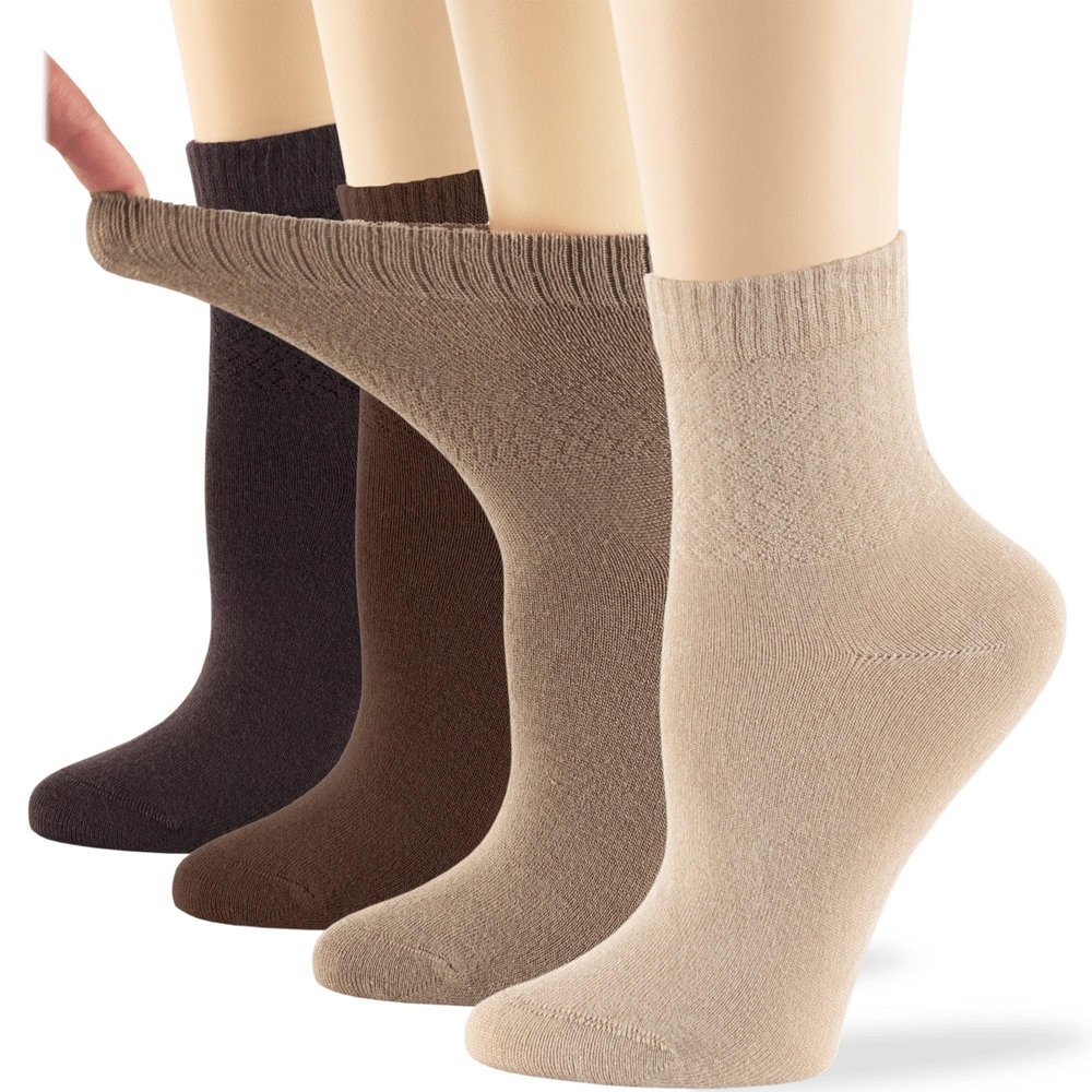 Women's Viscose from Bamboo Diabetic Quarter Socks, Non-Binding - 4 Pack Medium - Solid Casual Quarter Seamless - Sock Size 9-11 Shoe Size 5-9 M Light Beige, Beige, Brown, Dark Brown