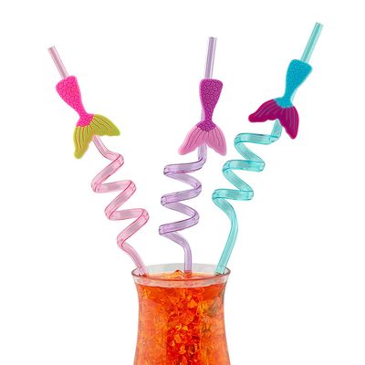 Fun Express 12 Pieces Mermaid Silly Straws Featuring Mermaid Fin Charms, BPA Free Plastic, Reusable for Party Supplies, Multi-Color