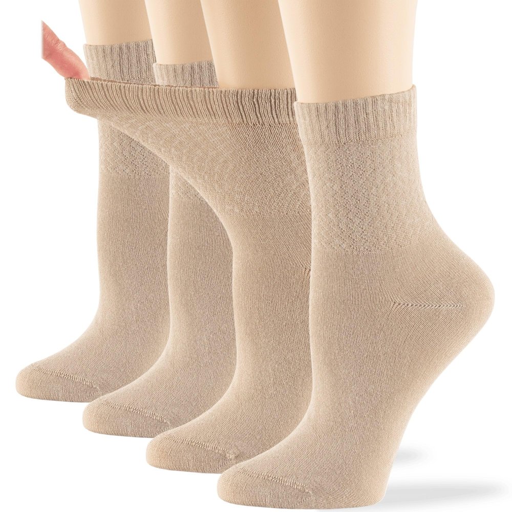 7BIGSTARS KINGDOM Women's Viscose from Bamboo Diabetic Quarter Socks, Non-Binding Extra Wide - 4 Pack Medium - Solid Extra Wide Seamless - Sock Size 9-11 Shoe Size 5-9 M Light Beige
