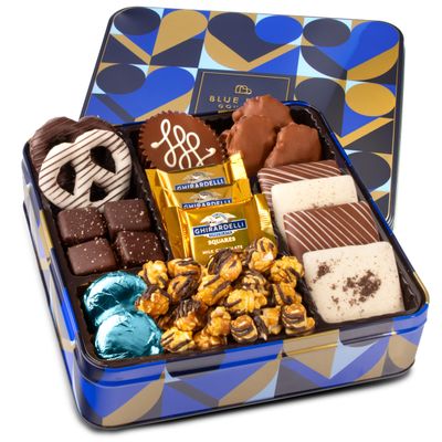 Blue Bow Gourmet Chocolate Gift Basket  Assorted Gourmet Chocolate in Reusable Tin for Valentines Day