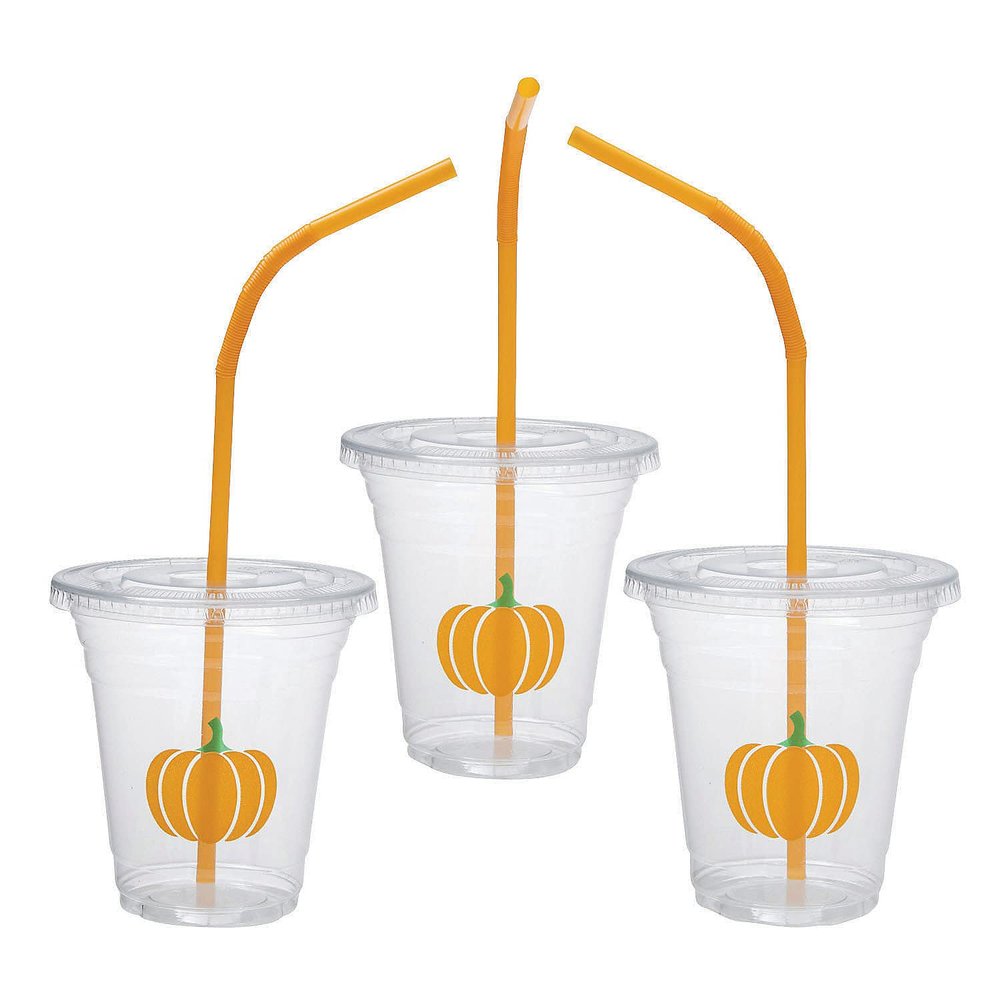 Fun Express Clear Pumpkin Cups with Lids & Straws - 50 Ct.
