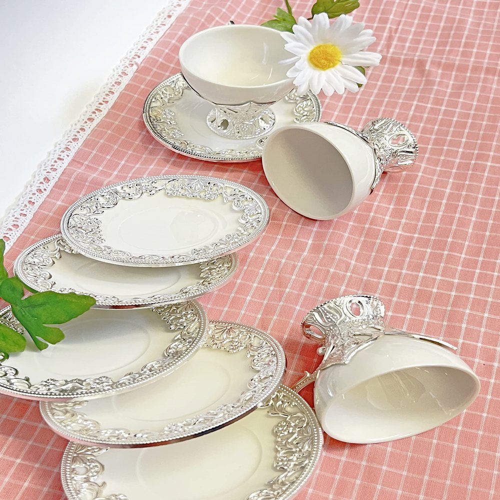 12 PC Fancy Coffee Cup Set (White & Silver)