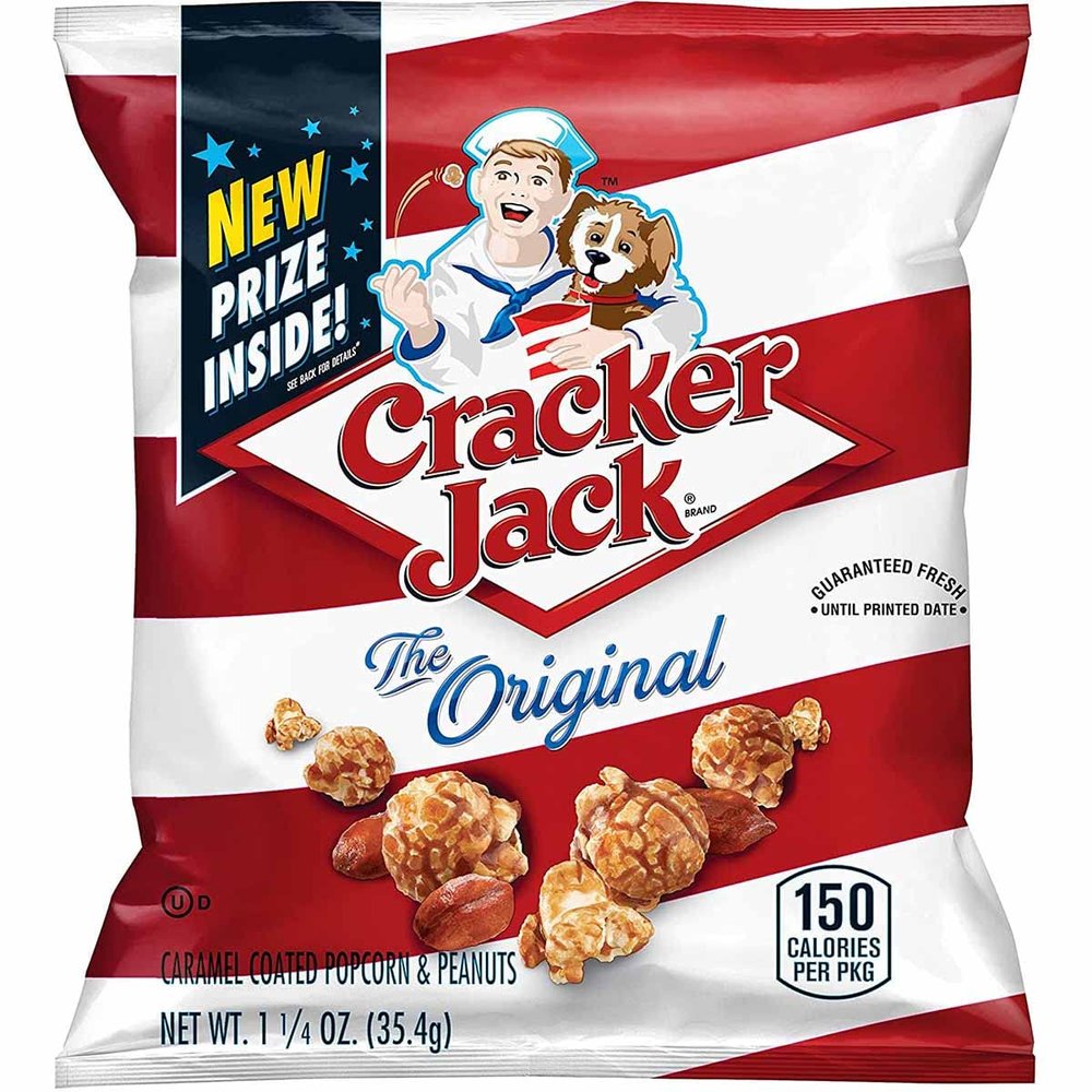Cracker Jack The Original, 1.25 oz Bags Pack of 12 Caramel Coated Popcorn and Peanuts Snack comes with Bonus Inspirational Magnet by D'Elite Box