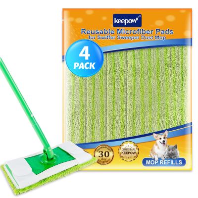 KEEPOW Reusable Mop Pads Compatible with Swiffer Sweeper Washable Microfiber Floor Cleaning Refills for Wet & Dry Use 10.6" x 5.1", 4 Pack
