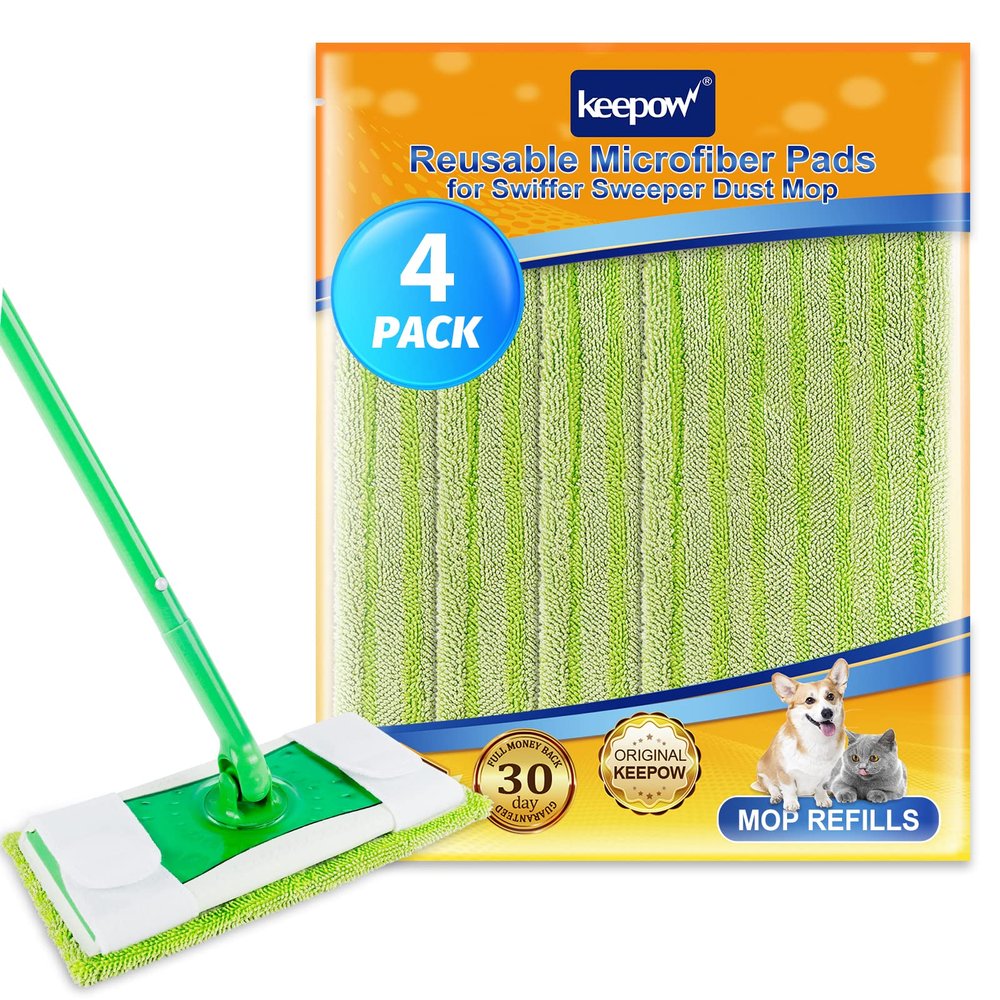 KEEPOW Reusable Mop Pads Compatible with Swiffer Sweeper Washable Microfiber Floor Cleaning Refills for Wet & Dry Use 10.6" x 5.1", 4 Pack