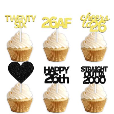 18pcs Black Gold Glitter Dessert Cupcake Pick for Straight Outta 2000 Cheer to 26 Years Old Theme Decor Supplies Happy 26th Birthday Party Decoration