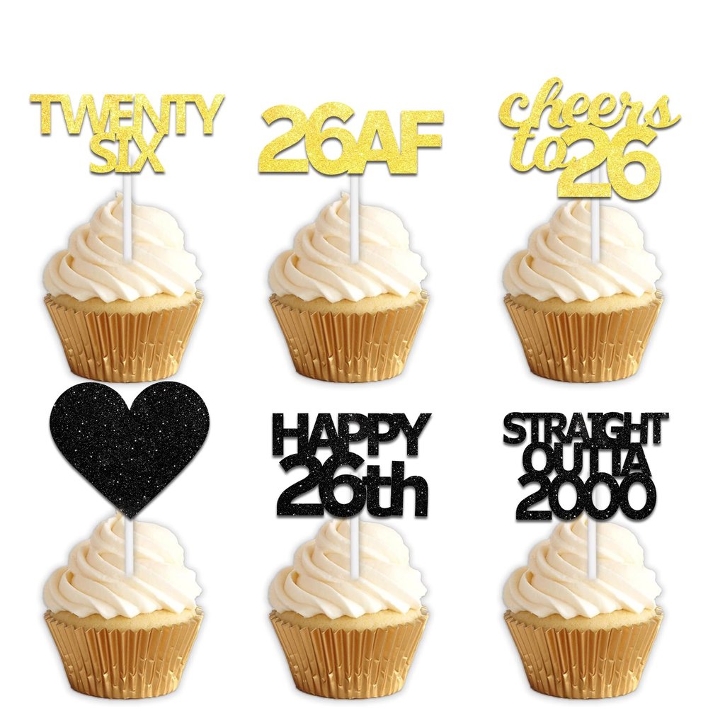 18pcs Black Gold Glitter Dessert Cupcake Pick for Straight Outta 2000 Cheer to 26 Years Old Theme Decor Supplies Happy 26th Birthday Party Decoration